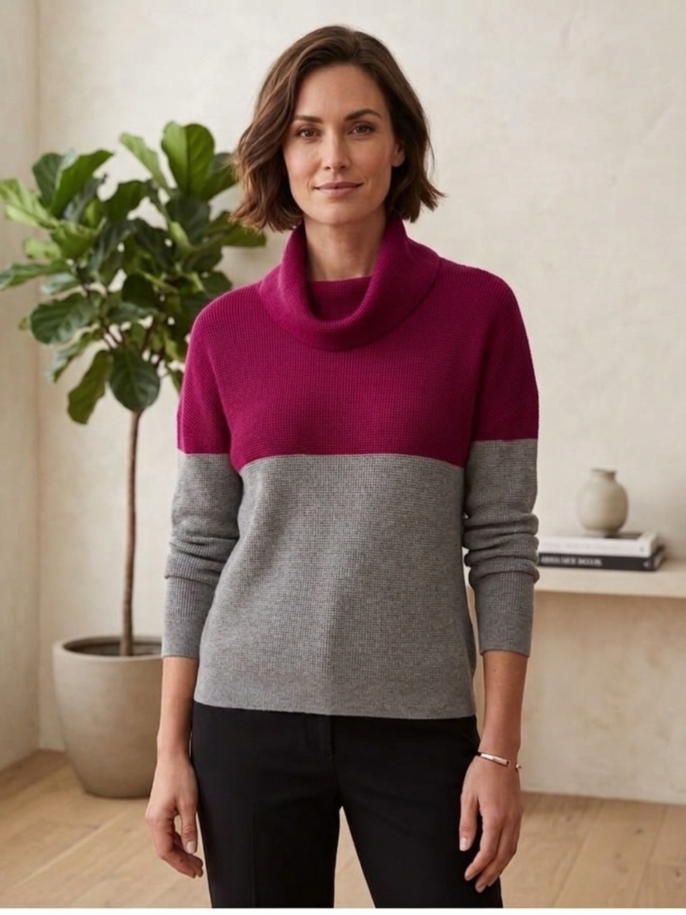 NWOT Cyrus Women's Magenta and Gray Cowl Neck Sweater